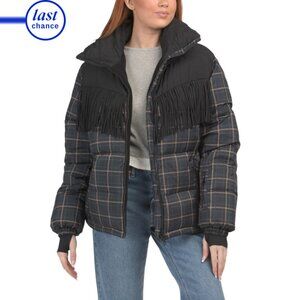 THE UPSIDE Check Multi Lumiere Fox Recycled Puffer Coat With Fringe Details